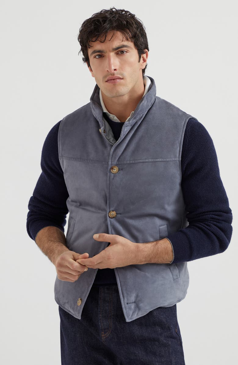 Brunello Cucinelli Suede down vest, Alternate, color, Denim