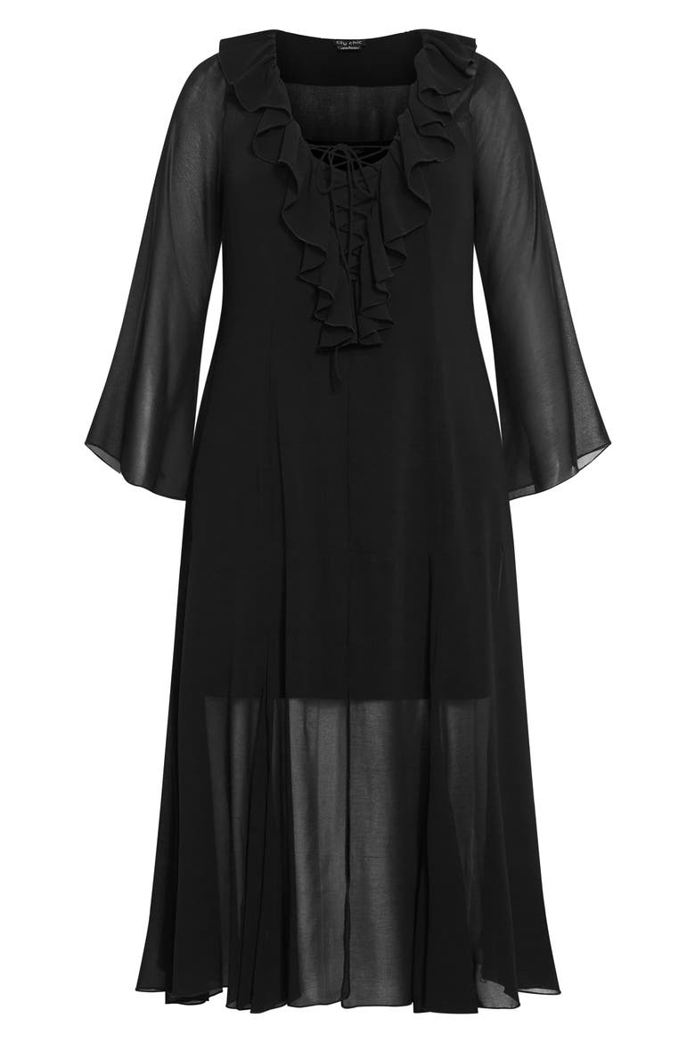 Vamp Ruffle Long Sleeve Chiffon Maxi Dress, Alternate, color, BLACK