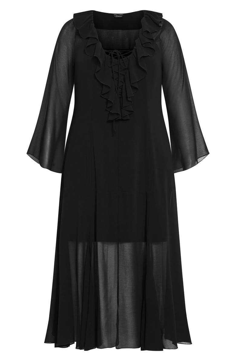 City Chic Vamp Ruffle Long Sleeve Chiffon Maxi Dress, Alternate, color, Black