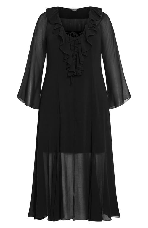 City Chic Vamp Ruffle Long Sleeve Chiffon Maxi Dress In Black