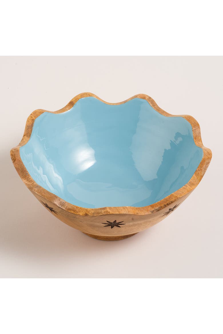 Lakri Carved Mango Wood Bowl 10" x 10" | Artisan Ceramic, Alternate, color, Blue