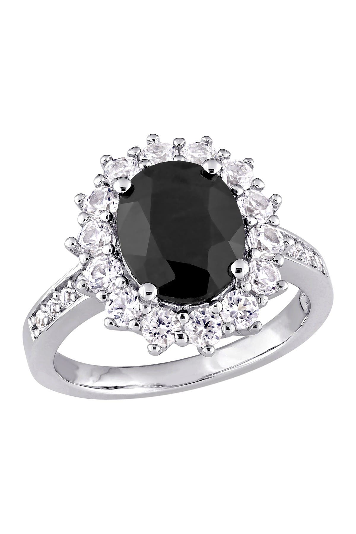 DELMAR Sterling Silver Black Sapphire & Lab Created White Sapphire Halo Ring