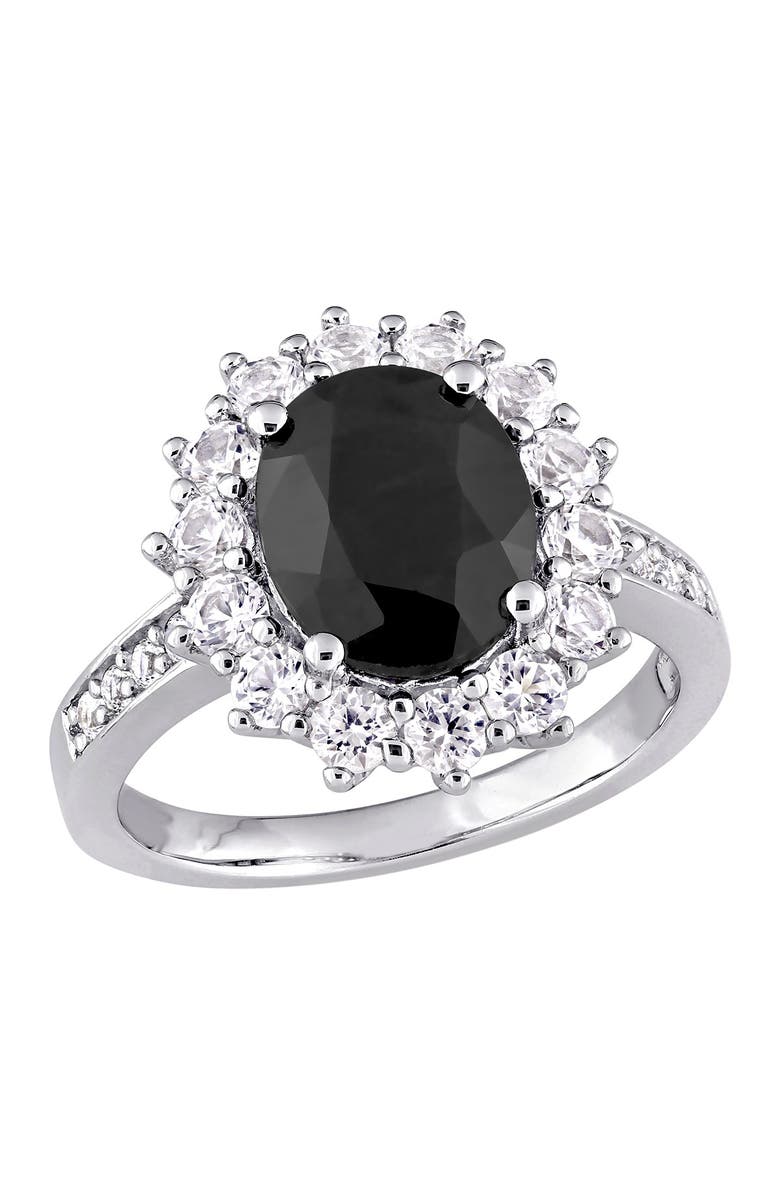 DELMAR Sterling Silver Black Sapphire & Lab Created White Sapphire Halo Ring, Main, color, Black