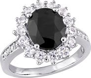 DELMAR Sterling Silver Black Sapphire & Lab Created White Sapphire Halo Ring