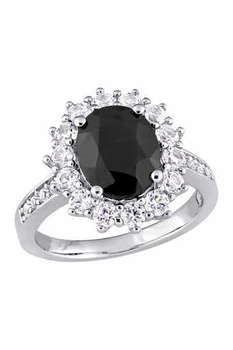 DELMAR Sterling Silver Black Sapphire & Lab Created White Sapphire Halo Ring