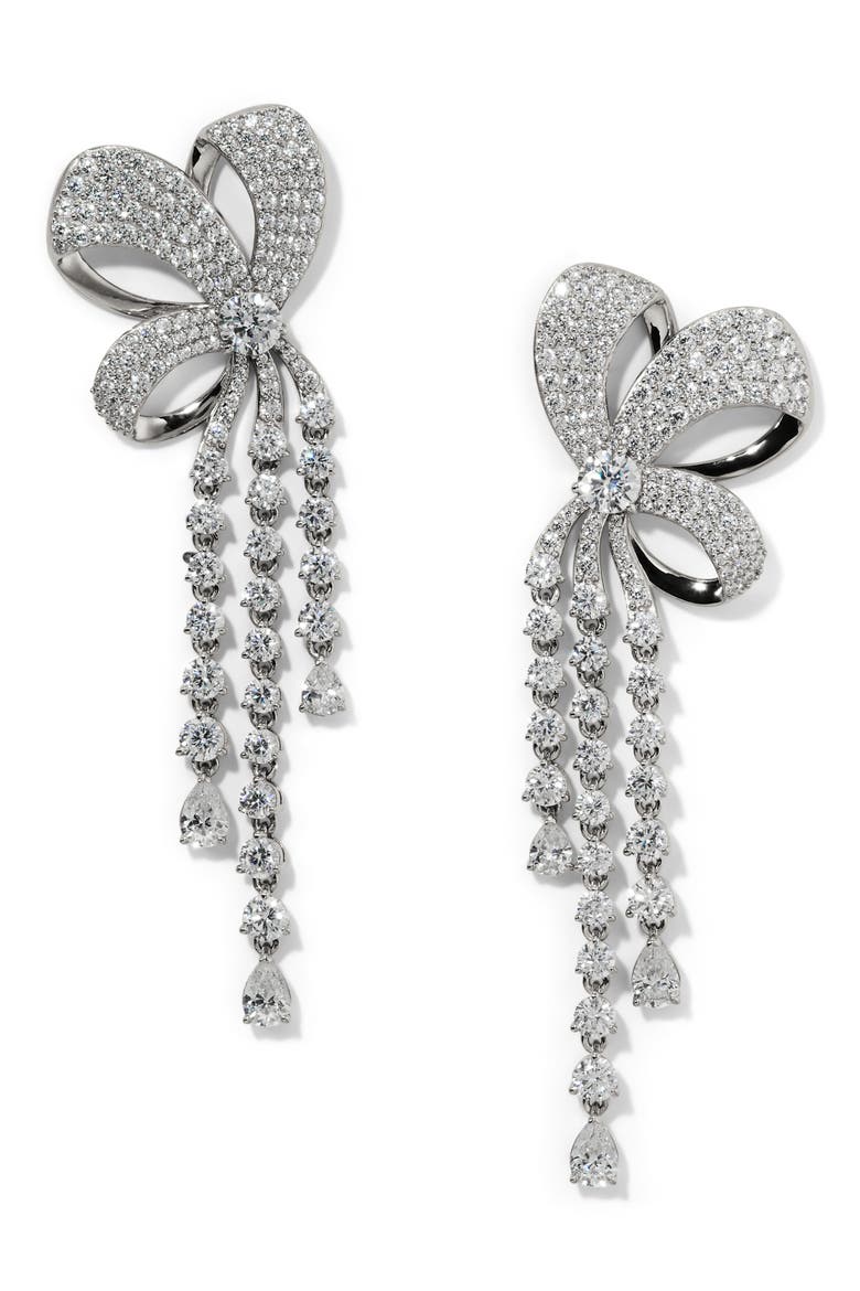 Eros Ribbon Bow Drop Earrings, Main, color, RHODIUM
