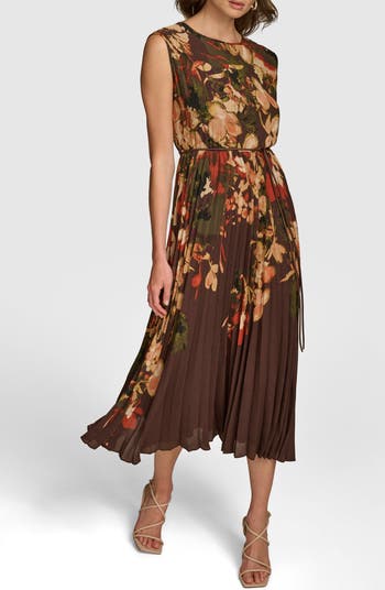 Donna Karan New York Floral Sleeveless Pleated Midi Dress