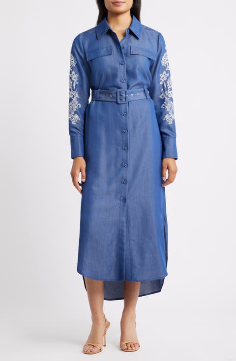 Embroidered Long Sleeve Denim Shirtdress