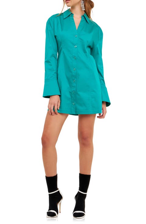 Cotton Blend Long Sleeve Shirtdress