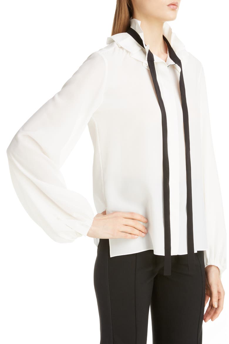 Ruffle Tie Neck Silk Blouse, Alternate, color, ICONIC MILK