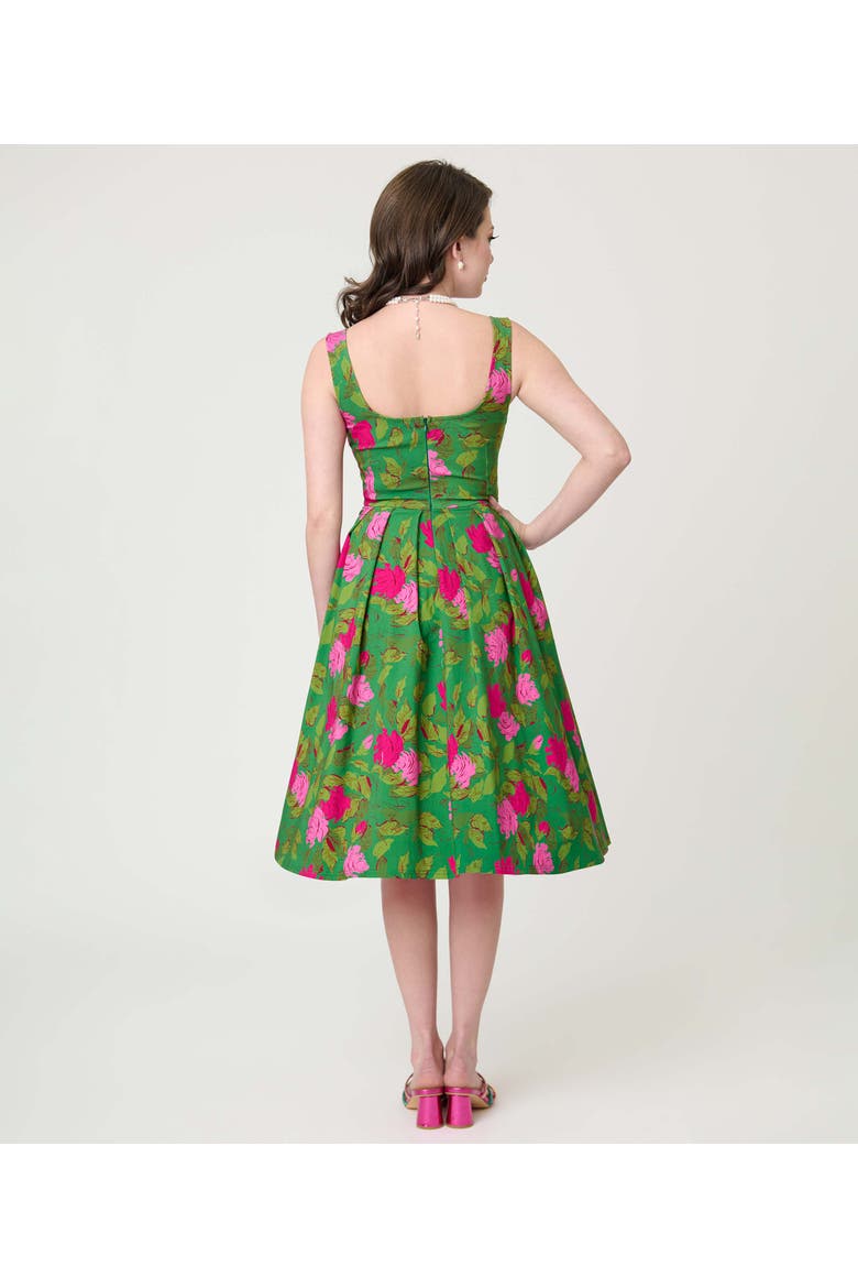 Square Neck Pleated Swing Dress, Alternate, color, Green W/Pink Floral