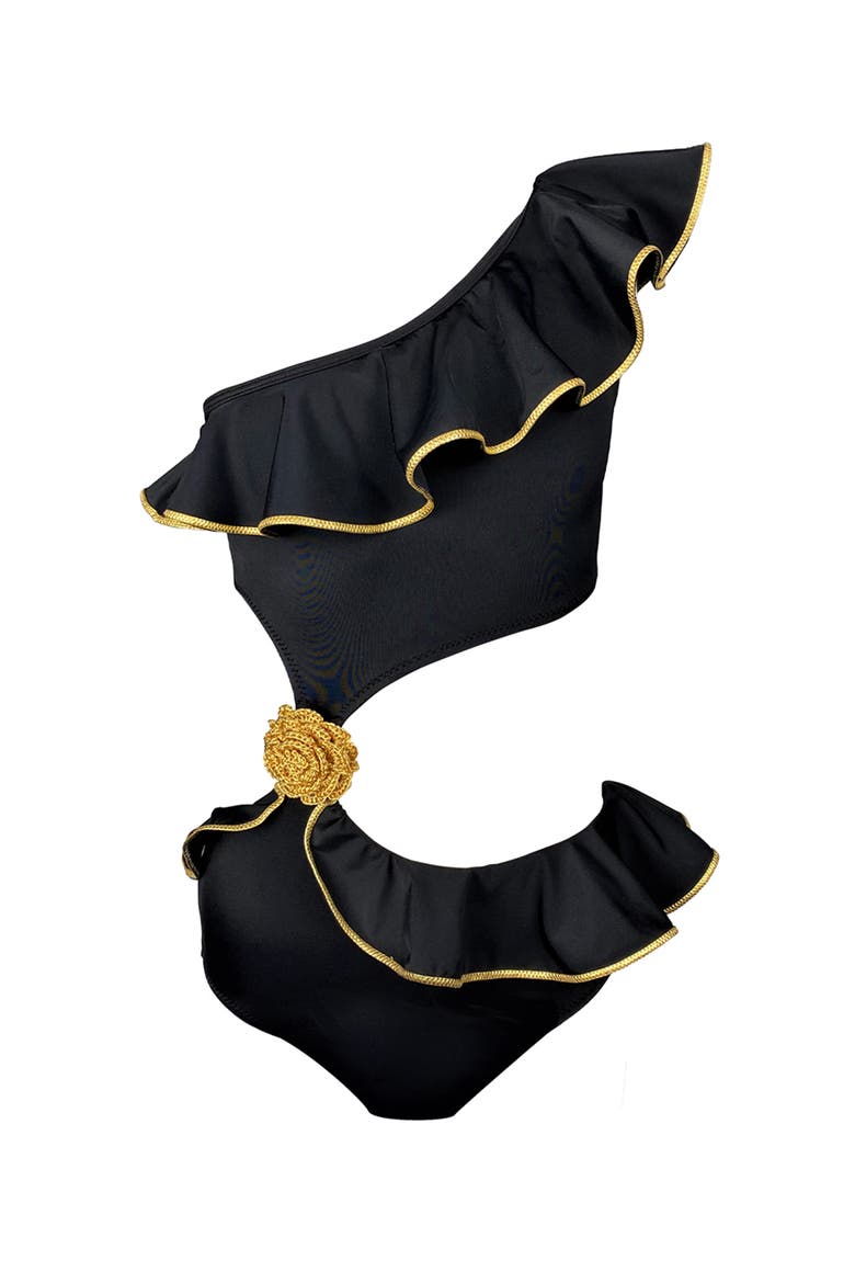 One Shoulder Cut-Out Hand-Knitted Rose Detail One Piece Swimsuit, Little Kid-Big Kid, Main, color, Black