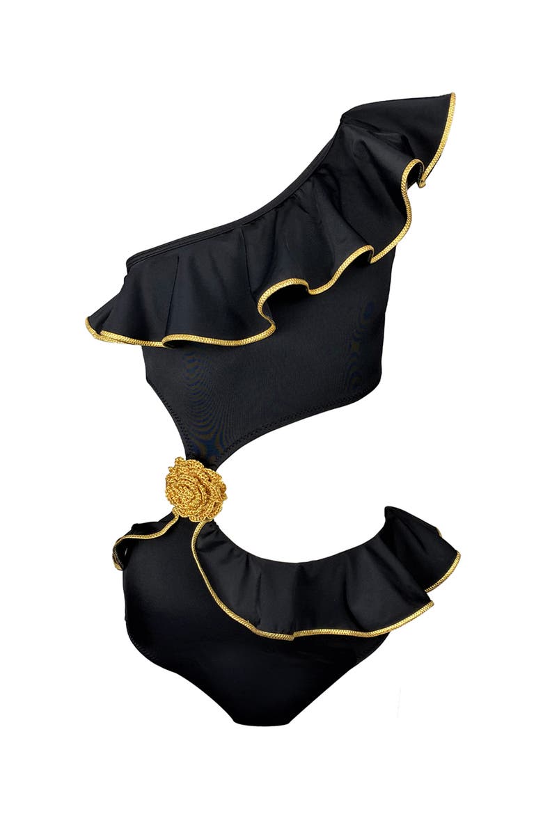 NESSI BYRD One Shoulder Cut-Out Hand-Knitted Rose Detail One Piece Swimsuit, Little Kid-Big Kid, Main, color, Black