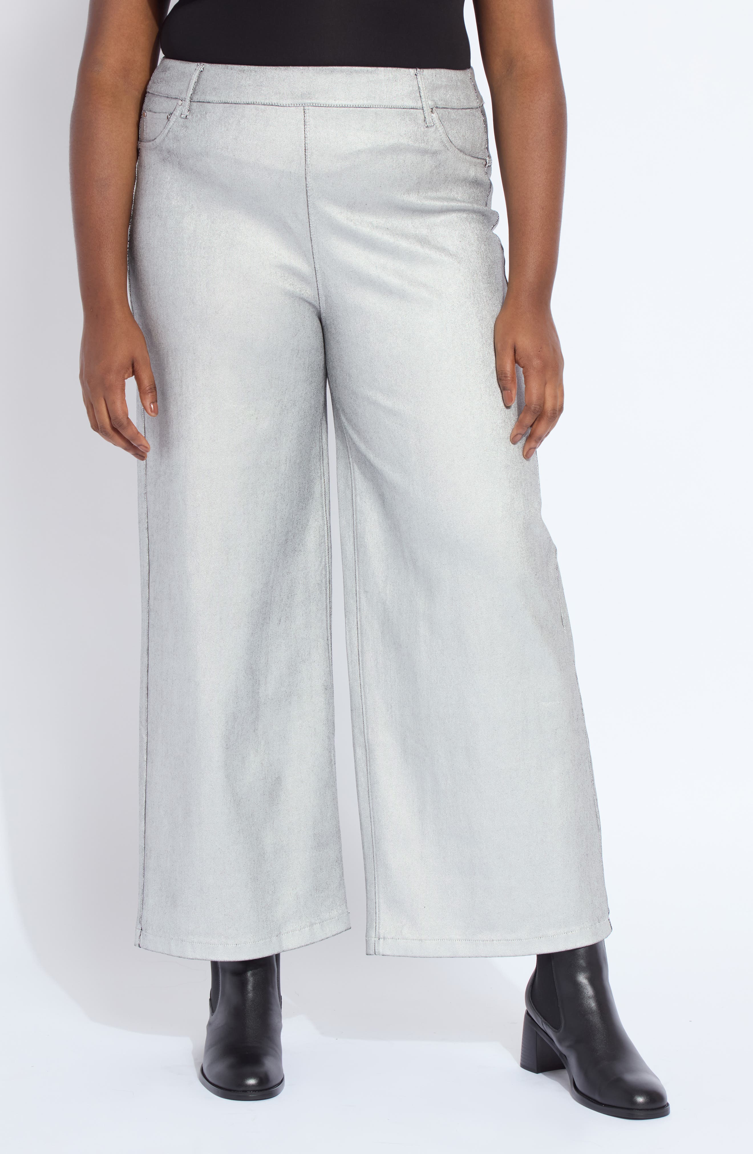 Metallic Coated Pull-On High Waist Wide Leg Jeans