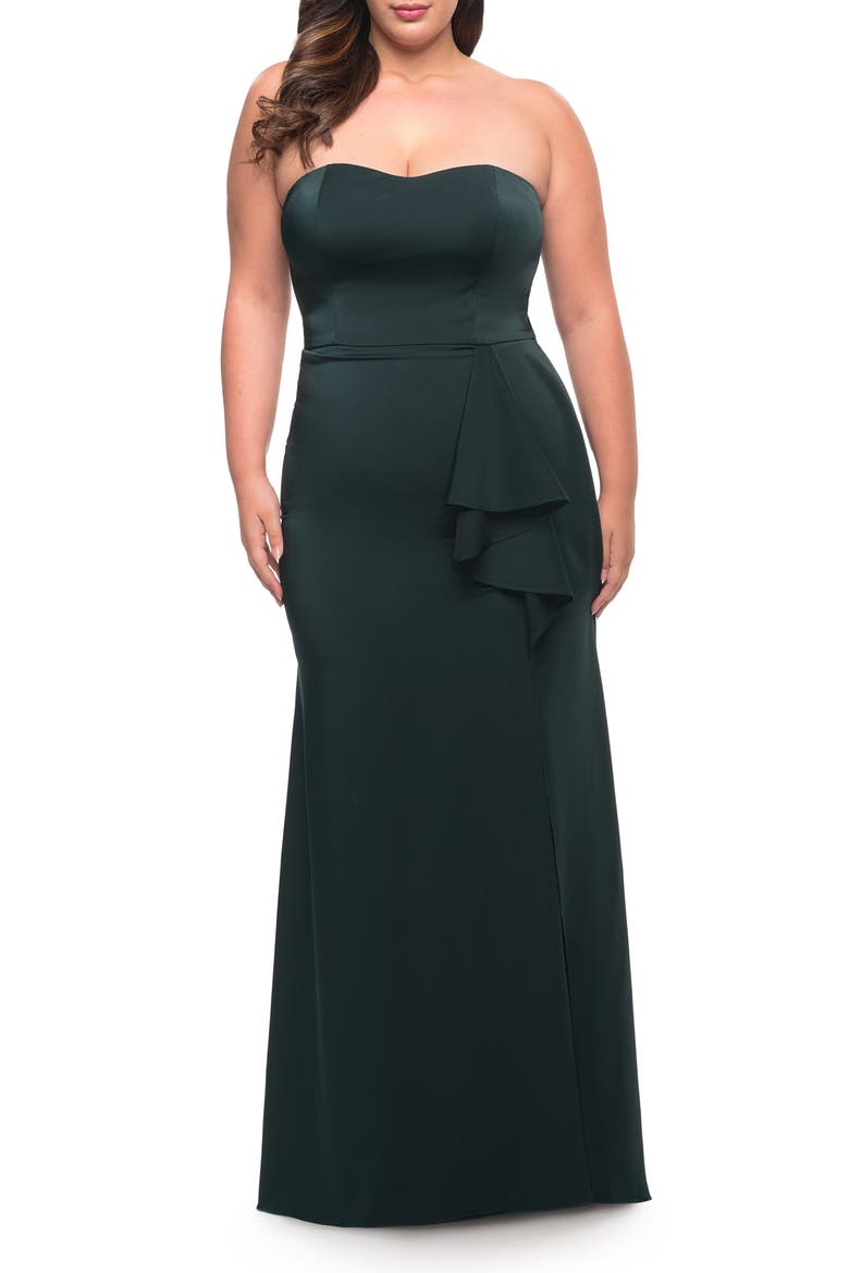 Strapless Plus Size Dress with Ruffle Slit Detail, Alternate, color, DARK EMERALD