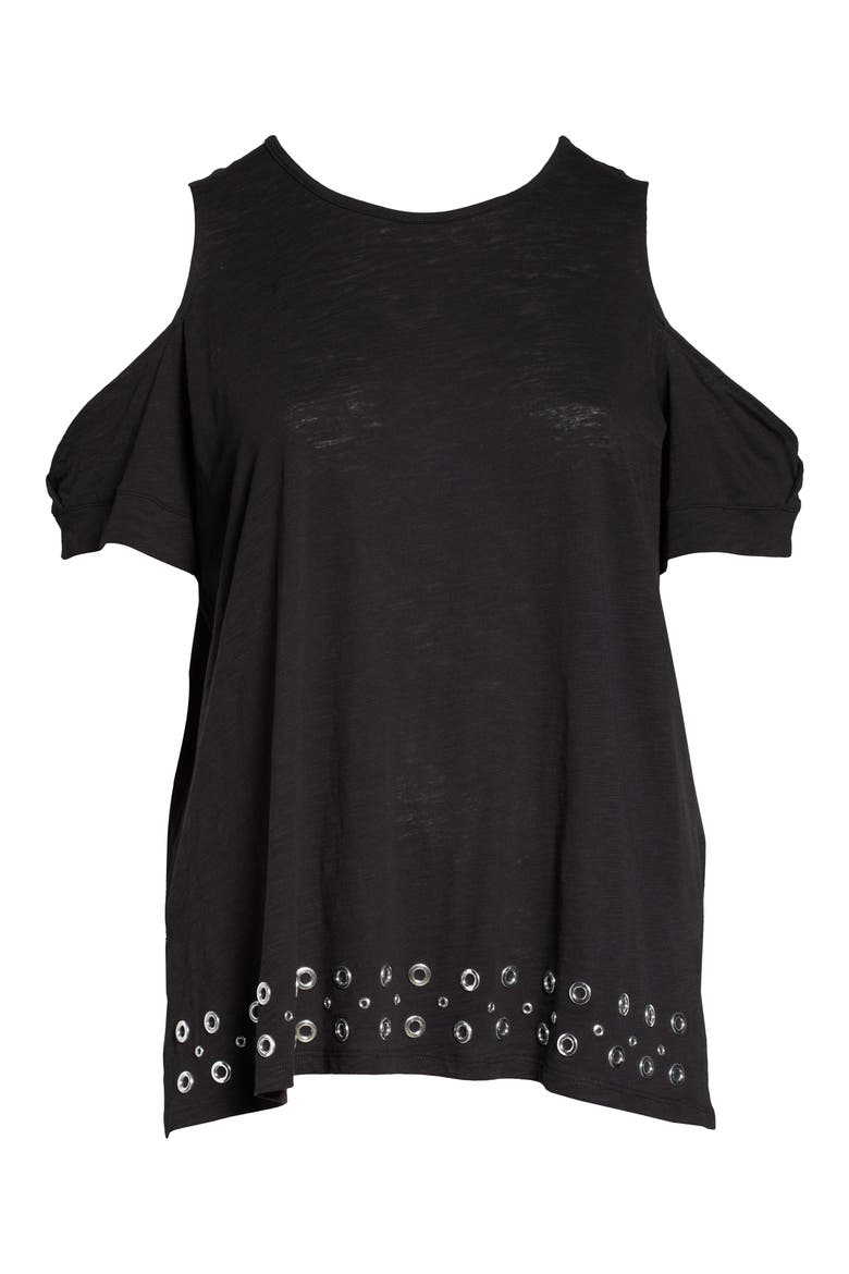 Grommet Cold Shoulder Tunic Top, Alternate, color, BLACK