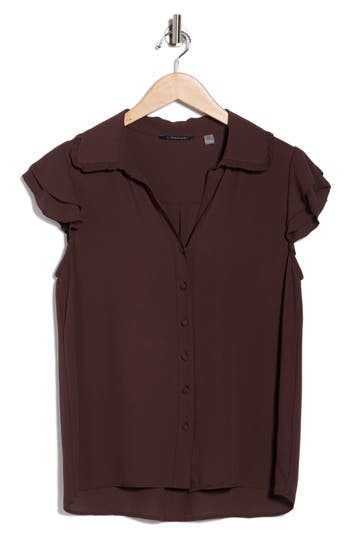 T Tahari Tiered Flutter Sleeve Button-up Shirt In Brown