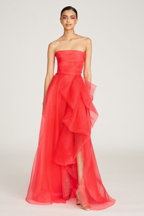 Theia Teresa Strapless Draped Gown In Red