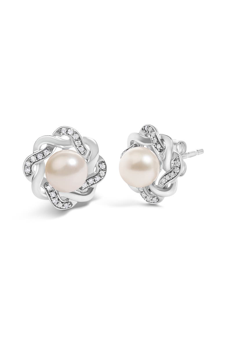 Sterling Silver Pearl and 1/10 Cttw Diamond Floral Twist Stud Earrings, Alternate, color, Silver