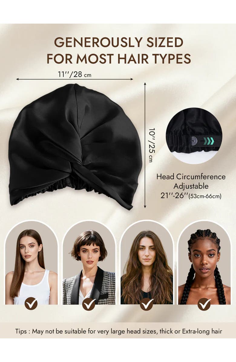 SILKSILKY 22Momme Pure Silk Knot Front Hair Bonnet with Adjustable Button Design, Alternate, color, Black