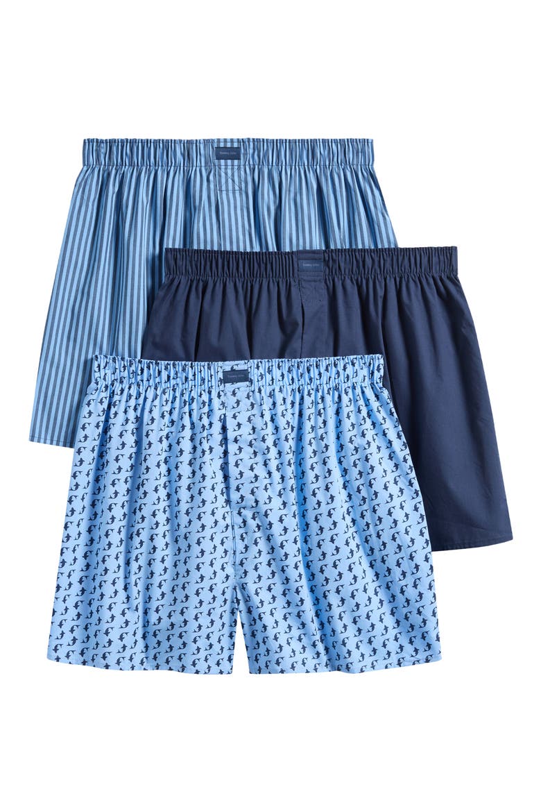 Assorted 3-Pack Woven Cotton Boxers, Main, color, MICRO SHARKS VISTA BLUE