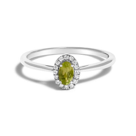 10K White Gold Oval and Diamond Accent Halo Birthstone Ring