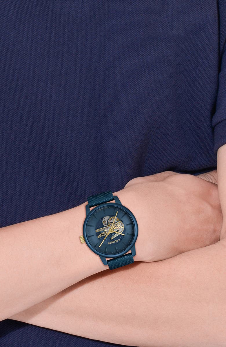 Lacoste 12.12 Automatique Leather Strap Watch, 44mm, Alternate, color, Blue