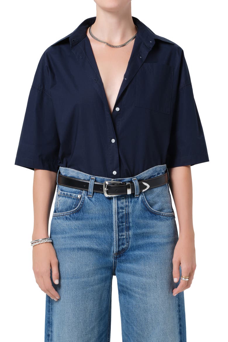 Frances Cape Cotton Cropped Button-Up Shirt, Main, color, NAVY
