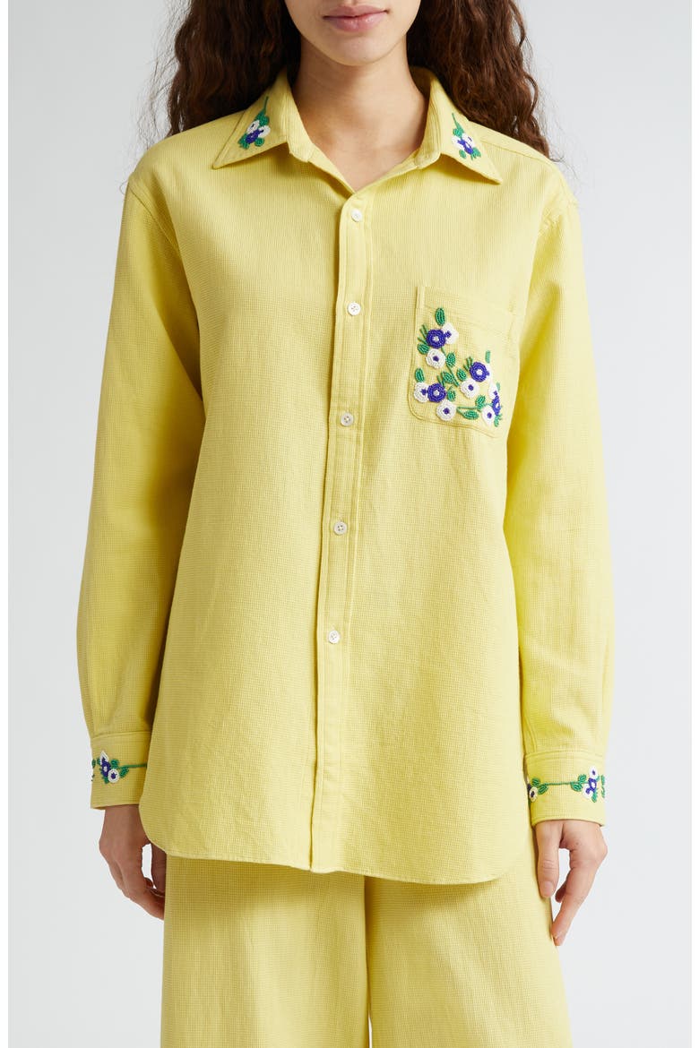 Chicory Beaded Long Sleeve Cotton Button-Up Shirt, Main, color, YELLOW