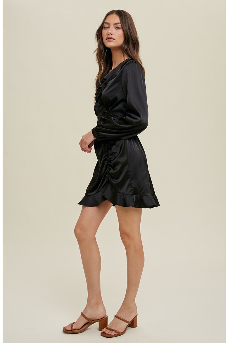 Side Ruched Long Sleeve Babydoll Dress, Alternate, color, BLACK