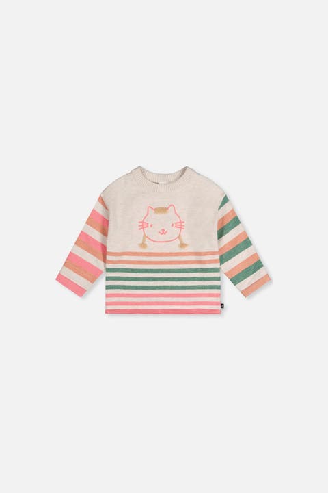 Knitted Stripe Sleeve Cat Appliqué Sweater (baby)