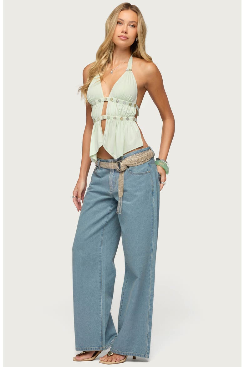 Izora Button Embellished Plunge Halter Neck Top, Alternate, color, GREEN