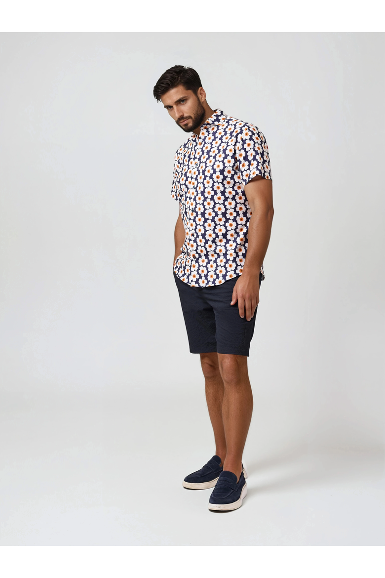 Tencel Stretch Oversized Floral SS Button-Up Shirt, Alternate, color, Navy