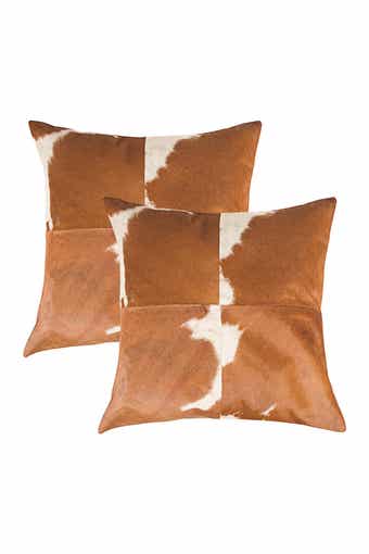 Natural 2-Pack Torino Quattro Genuine Cowhide Pillow 18" x 18" - Brown & White
