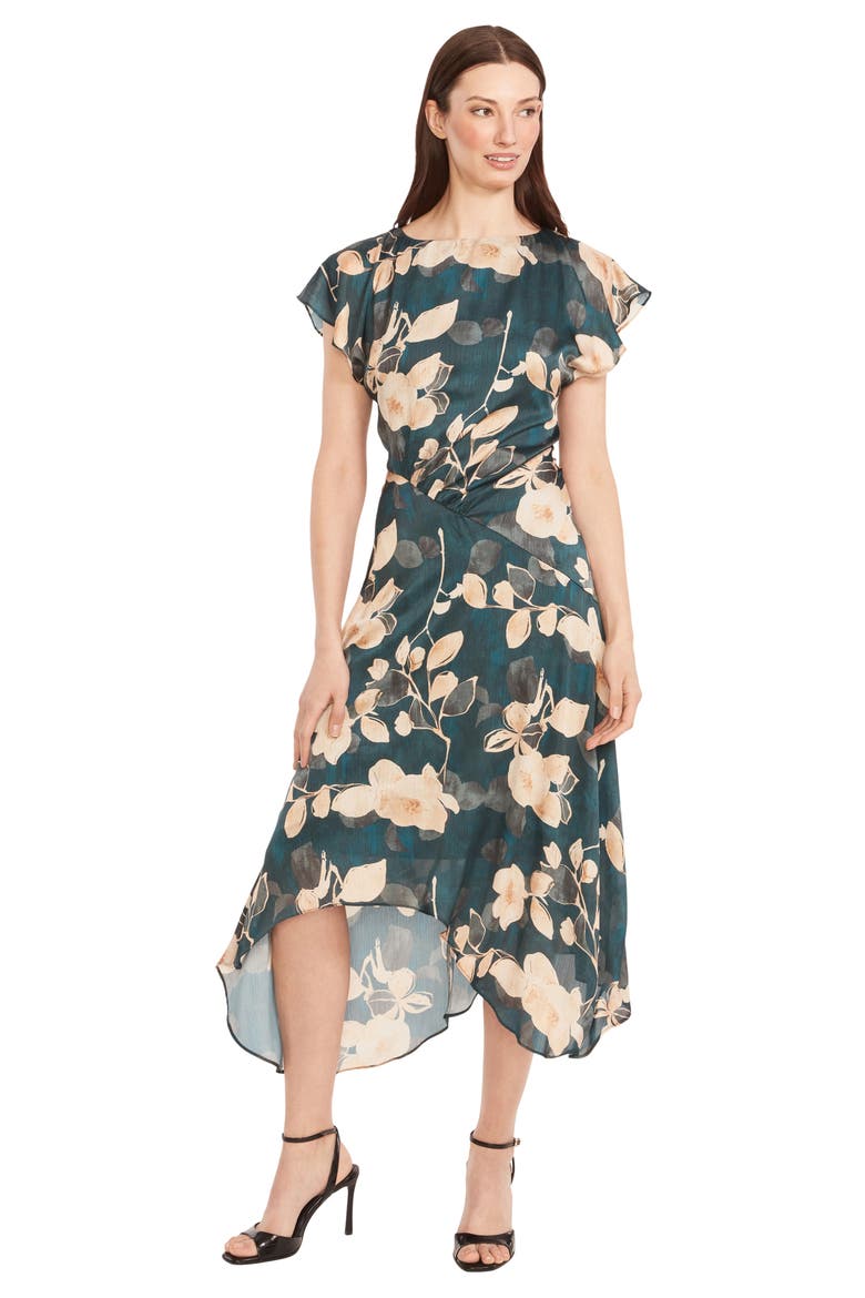 Floral Cap Sleeve Asymmetric Midi Dress, Alternate, color, TEAL/ GOLD