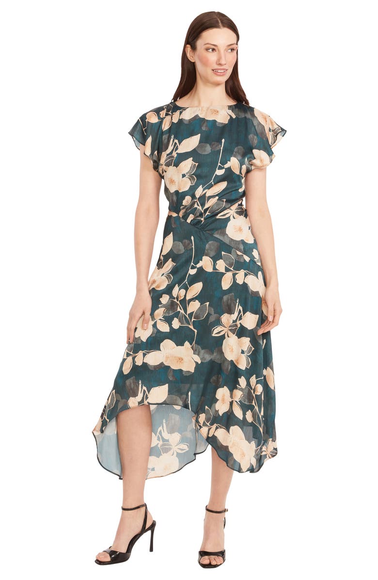 Maggy London Floral Cap Sleeve Asymmetric Midi Dress, Alternate, color, Teal/ Gold