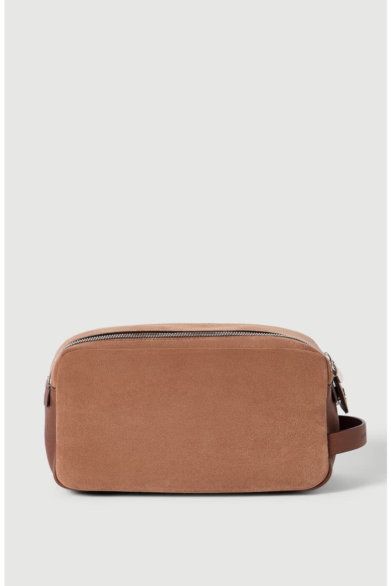 Suede and buffalo leather beauty case with double zipper, Alternate, color, Tobacco