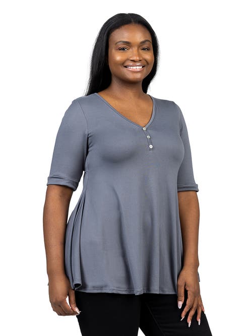 24seven Comfort Apparel Plus Size Elbow Sleeve Henley Tunic Top In Gray