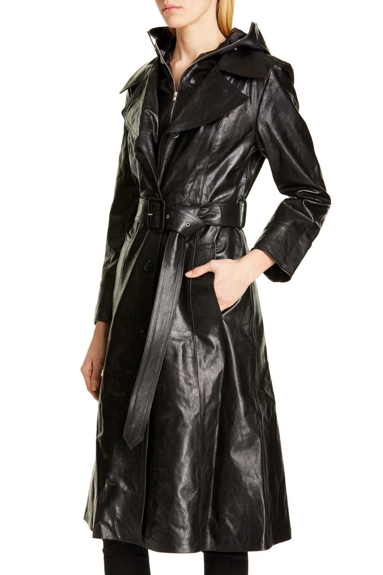 Mask Leather Trench Coat, Alternate, color, BLACK