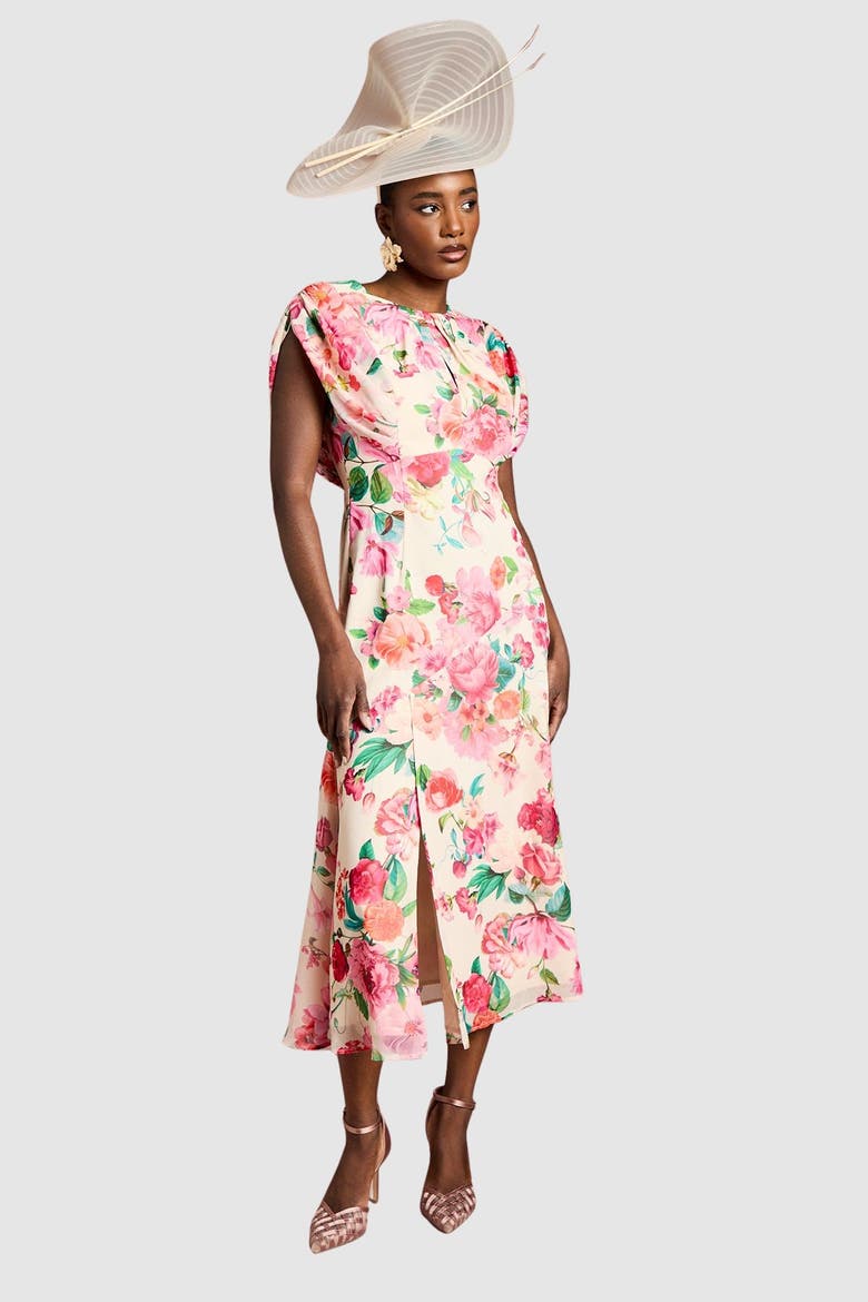 Floral Chiffon Midi Dress, Main, color, Ivory