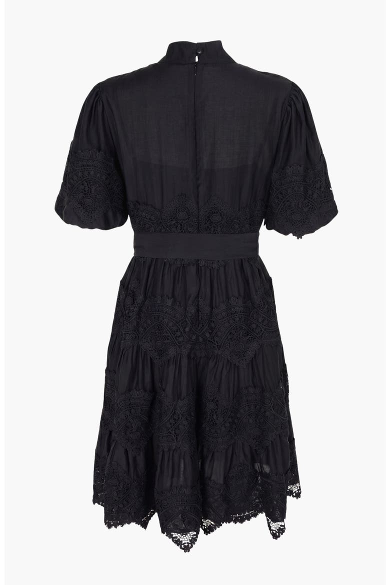 Lace Trim Puff Sleeve Midi Dress with Waist Tie, Alternate, color, Black
