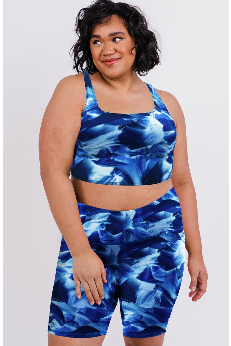 Plus Size Tummy Control Long Bike Swim Shorts, Alternate, color, Navy Wave