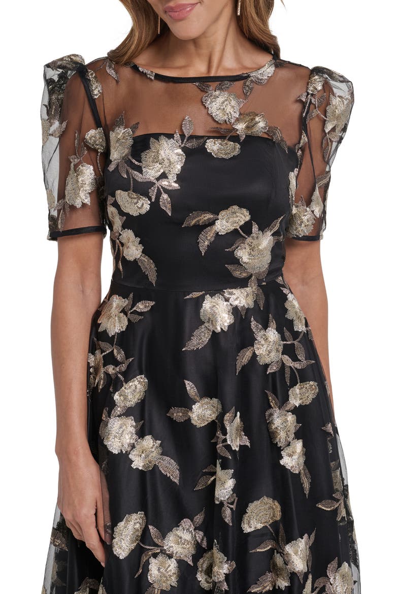 Embroidered Metallic Cocktail Dress, Alternate, color, BLACK CHAMPANGE