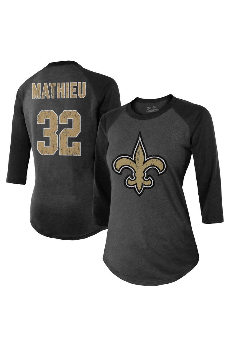 Women's Majestic Threads Tyrann Mathieu Black New Orleans Saints Name & Number Raglan 3/4 Sleeve T-Shirt, Main, color, Black