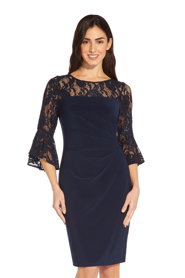 Bell Sleeve Sequin Lace & Jersey Sheath Dress, Alternate, color, MIDNIGHT