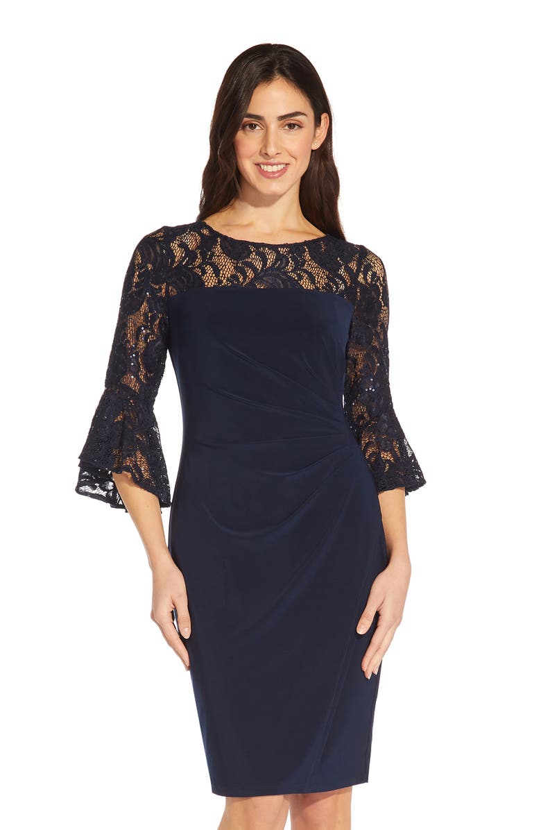 Adrianna Papell Bell Sleeve Sequin Lace & Jersey Sheath Dress, Alternate, color, 