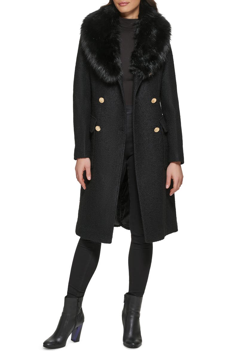 GUESS Removable Faux Fur Collar Wool Blend Double Breasted Walker Coat, Alternate, color,