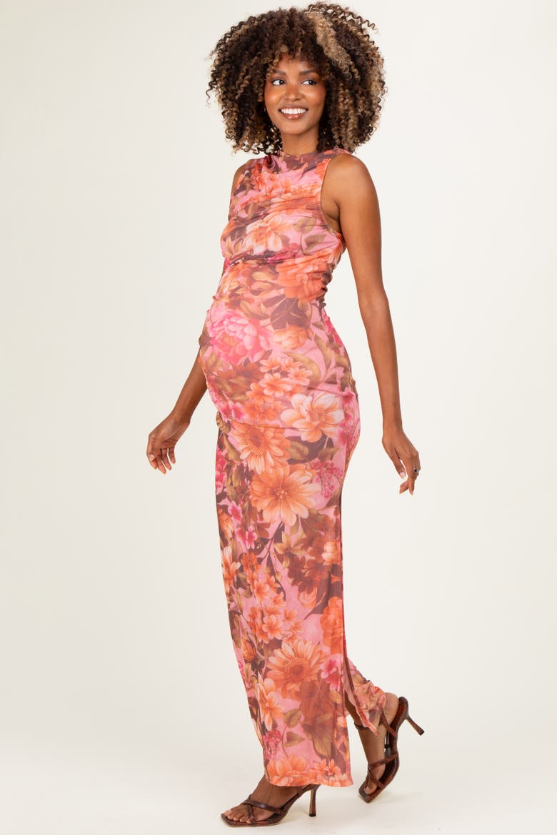 Floral Mesh Ruched Maxi Dress, Alternate, color, Pink