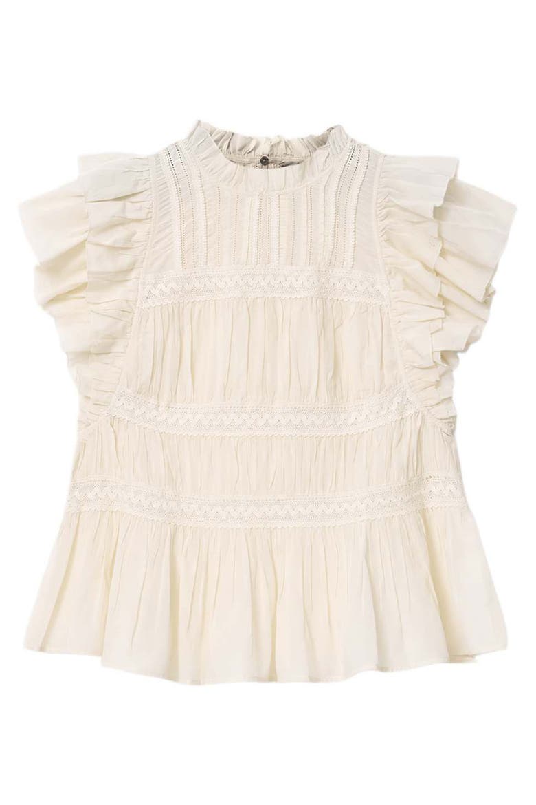 Harriet Lace Trim Shirred Flutter Sleeve Peplum Top, Alternate, color, DOVE WHITE