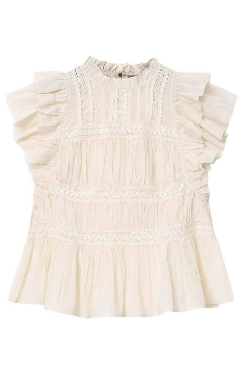 AllSaints Harriet Lace Trim Shirred Flutter Sleeve Peplum Top, Alternate, color, Dove White